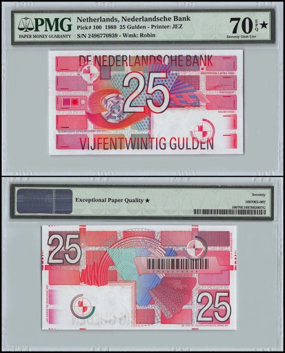 Netherlands 25 Gulden, 1989, P-100, Serial # 2496770939, w/Star, PMG 70