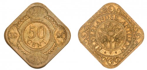 Netherlands Antilles 50 Cent Coin, 1991, KM #36, Mint, Orange Blossom, Geometric Designed