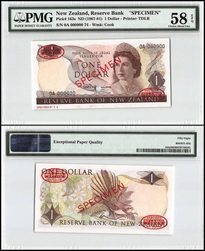 New Zealand 1 Dollar, 1967, P-163s, Specimen, Queen Elizabeth II, PMG 58