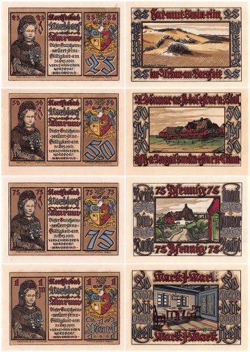 Norddorf auf Amrum 25 Pfennig - 1 Mark 4 Pieces Notgeld Set, Mehl #981, UNC