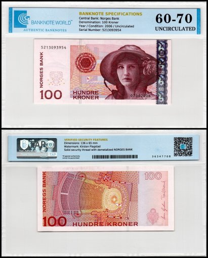 Norway 100 Kroner Banknote, 2006, P-49c, UNC, TAP 60-70 Authenticated