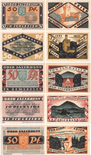 Ober-Salzbrunn 50 Pfennig 5 Pieces Notgeld Set, 1921, Mehl #1000, UNC