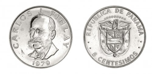 Panama 5 Centesimos Coin, 1975-1982, KM #35, Mint, Carlos Finlay, Coat of Arms