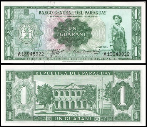 Paraguay 1 Guarani Banknote, L.1952 (1963 ND), P-193a.2, UNC