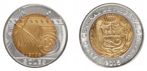Peru 5 Nuevos Soles Coin, 2015, KM #344, Mint, Condor Bird, Coat of Arms