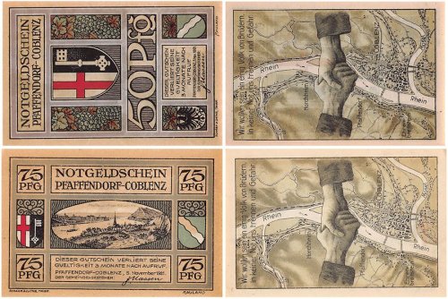 Pfaffendorf Coblenz 50 - 75 Pfennig 2 Pieces Notgeld Set, 1921, Mehl #1057.1, UNC