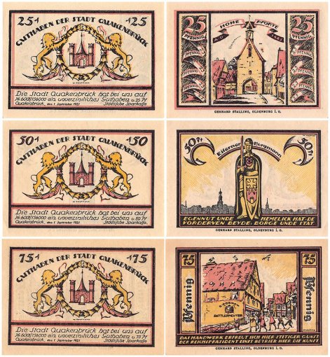 Quakenbrueck 25-75 Pfennig 3 Pieces Notgeld Set, 1921, Mehl #1086, UNC