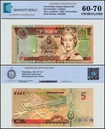 Fiji 5 Dollars Banknote, 1998 ND, P-101a, UNC, TAP 60-70 Authenticated