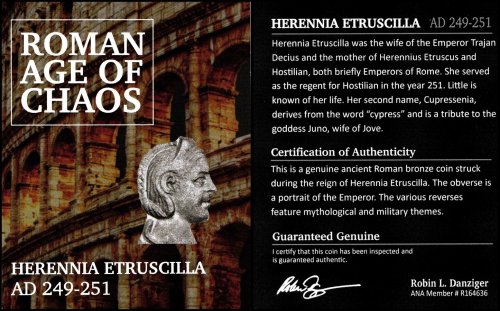 Roman Age of Chaos: Herennia Etruscilla, Roman Silver Denarius w/ COA