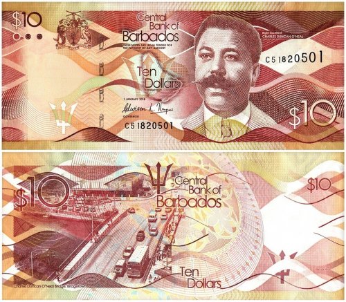 Barbados 2-100 Dollars 6 Pieces Full Banknote Set, 2013-2018, P-73-78b.3, UNC