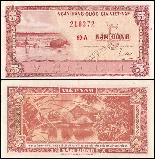 South Vietnam 5 Dong Banknote, 1955 ND, P-13, AU-About Uncirculated