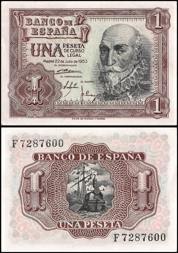 Spain 1 Peseta Banknote, 1953, P-144a, UNC