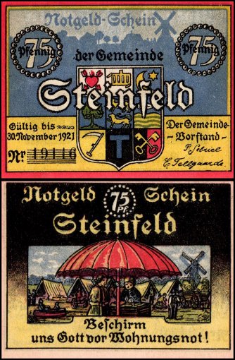 Steinfeld 75 Pfennig Notgeld, 1922 ND, Mehl #1262.5a.1, UNC