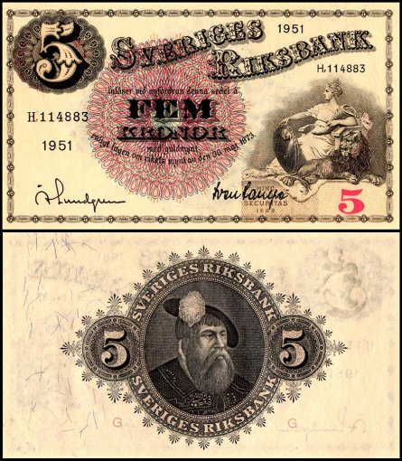 Sweden 5 Kronor Banknote, 1951, P-33ah.8, UNC