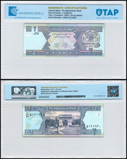 Afghanistan 2 Afghanis Banknote, 2002, P-65, UNC, TAP Authenticated