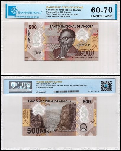 Angola 500 Kwanzas Banknote, 2020, P-161, UNC, Polymer, TAP 60-70 Authenticated