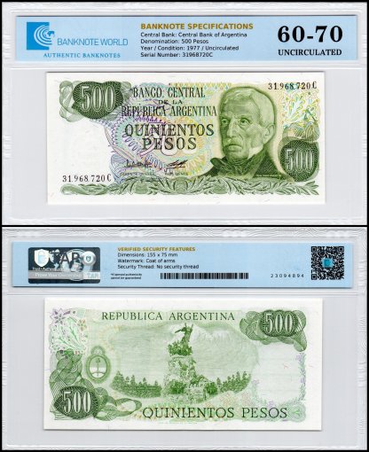 Argentina 500 Pesos Banknote, 1977-1982 ND, P-303b.2, UNC, TAP 60-70 Authenticated