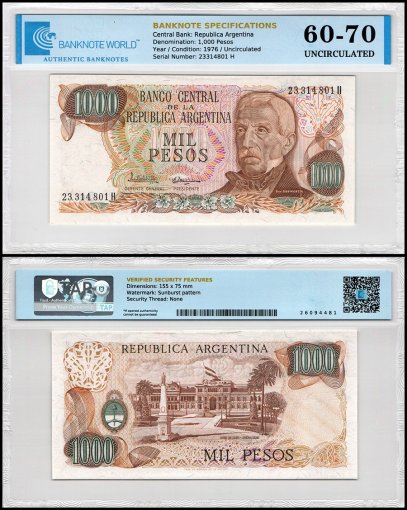 Argentina 1,000 Pesos Banknote, 1976-1983 ND, P-304c.3, UNC, TAP 60-70 Authenticated