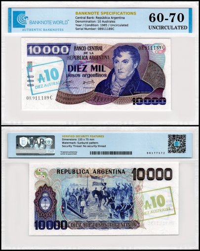 Argentina 10 Australes on 10,000 Pesos Argentinos Banknote, 1985 ND, P-322d, UNC, Overprint, Series C, TAP 60-70 Authenticated