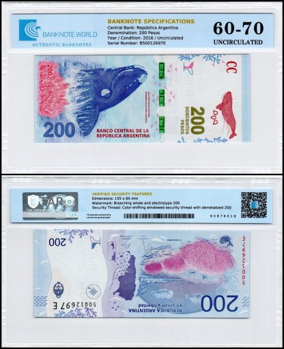 Argentina 200 Pesos Banknote, 2016 ND, P-364a.1, UNC, TAP 60-70 Authenticated