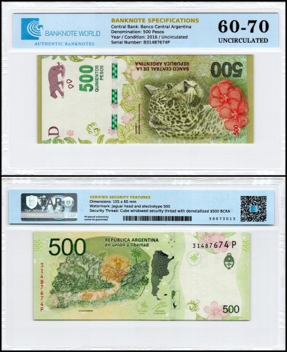 Argentina 500 Pesos Banknote, 2016 ND, P-365a.3, UNC, TAP 60-70 Authenticated