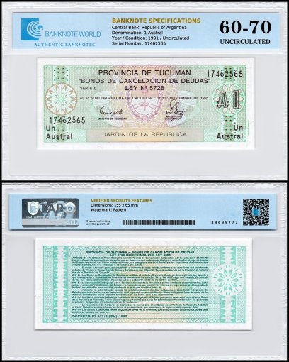 Argentina 1 Austral Banknote, 1991, P-S2711b.1, UNC, TAP 60-70 Authenticated