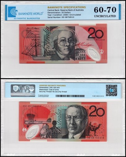 Australia 20 Dollars Banknote, 2008, P-59f, UNC, Polymer, TAP 60-70 Authenticated