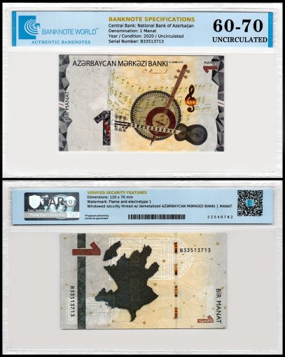 Azerbaijan 1 Manat Banknote, 2020, P-38, UNC, TAP 60-70 Authenticated