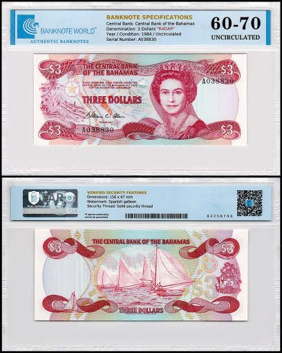 Bahamas 3 Dollars Banknote, L.1974 (1984 ND), P-44, UNC, Radar Serial #A038830, TAP 60-70 Authenticated