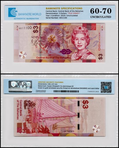 Bahamas 3 Dollars Banknote, 2019, P-78, UNC, True Binary Serial #A011100, TAP 60-70 Authenticated