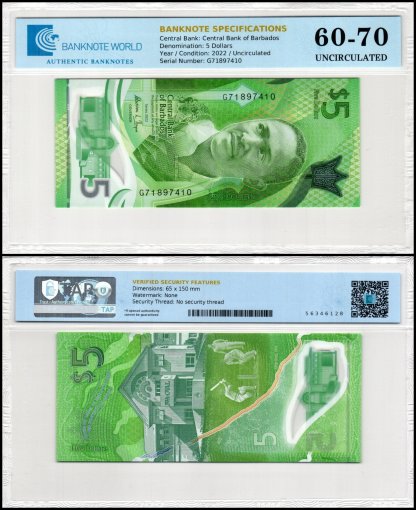 Barbados 5 Dollars Banknote, 2022, P-81, UNC, Polymer, TAP 60-70 Authenticated