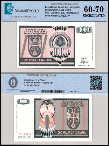 Bosnia & Herzegovina 1,000 Dinara Banknote, 1992, P-137, UNC, TAP 60-70 Authenticated