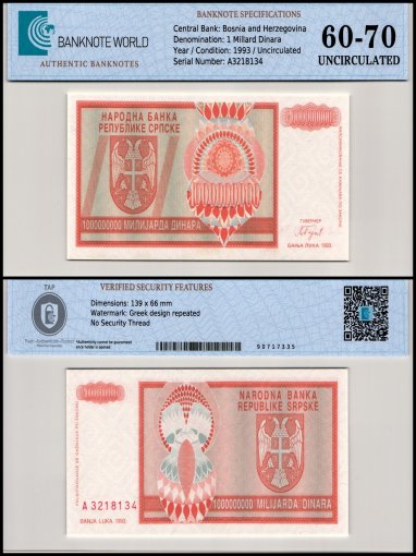 Bosnia & Herzegovina 1 Milijardi (Billion) Dinara Banknote, 1993, P-147, UNC, TAP 60-70 Authenticated