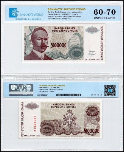 Bosnia & Herzegovina 500 Million Dinara Banknote, 1993, P-158, UNC, TAP 60-70 Authenticated