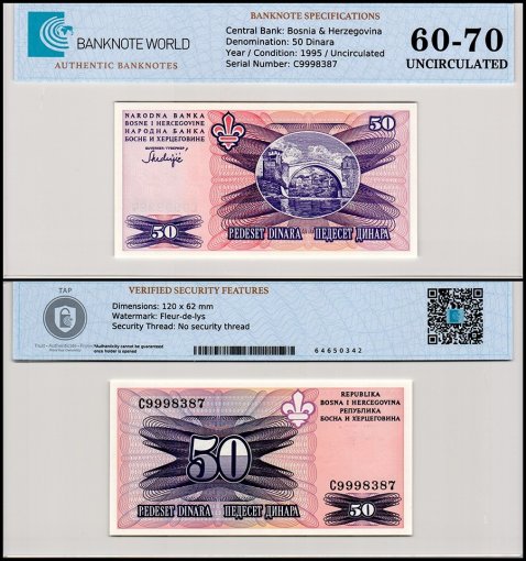 Bosnia & Herzegovina 50 Dinara Banknote, 1995 ND, P-47, UNC, TAP 60-70 Authenticated