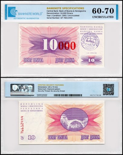 Bosnia & Herzegovina 10,000 Dinara on 10 Dinara Banknote, 1993, P-53b, UNC, Stamp Travnik, TAP 60-70 Authenticated
