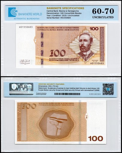 Bosnia & Herzegovina 100 Convertible Maraka Banknote, 2019, P-87c, UNC, TAP 60-70 Authenticated