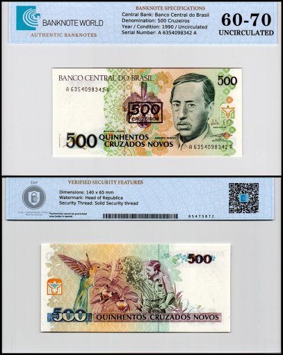 Brazil 500 Cruzeiros on 500 Cruzados Novos Banknote, 1990 ND, P-226b, UNC, TAP 60-70 Authenticated