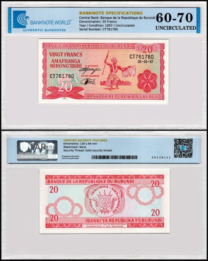 Burundi 20 Francs Banknote, 1997, P-27d.2, UNC, TAP 60-70 Authenticated