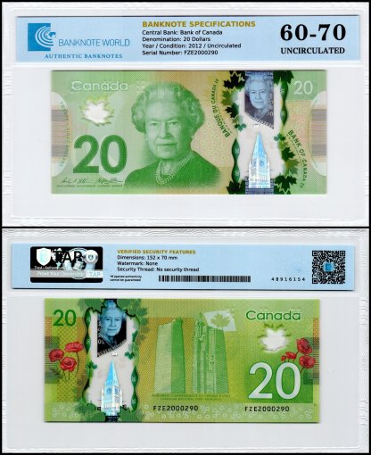 Canada 20 Dollars Banknote, 2012, P-108b, UNC, Polymer, TAP 60-70 Authenticated