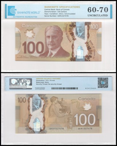 Canada 100 Dollars Banknote, 2011, P-110d, UNC, Polymer, TAP 60-70 Authenticated
