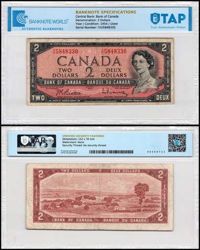 Canada 2 Dollars Banknote, 1954, P-76c, Used, TAP Authenticated