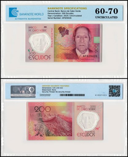 Cape Verde 200 Escudos Banknote, 2014, P-71, UNC, Polymer, TAP 60-70 Authenticated