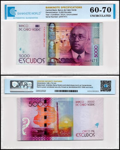 Cape Verde 5,000 Escudos Banknote, 2014, P-75, UNC, TAP 60-70 Authenticated