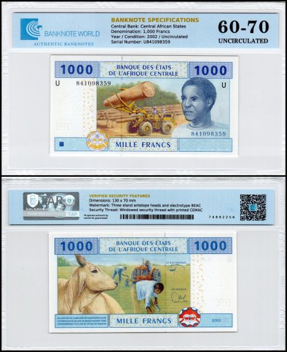 Central African States - Cameroon 1,000 Francs Banknote, 2002, P-207Ue.2, UNC, TAP 60-70 Authenticated