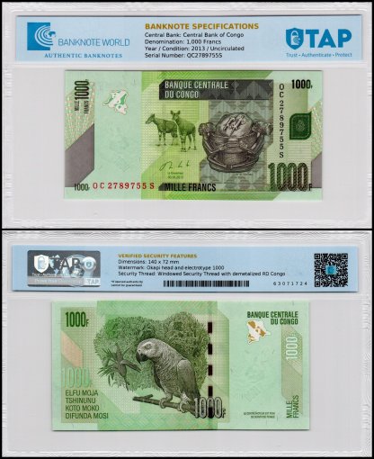 Congo Democratic Republic 1,000 Francs Banknote, 2013, P-101b, UNC, TAP 60-70 Authenticated