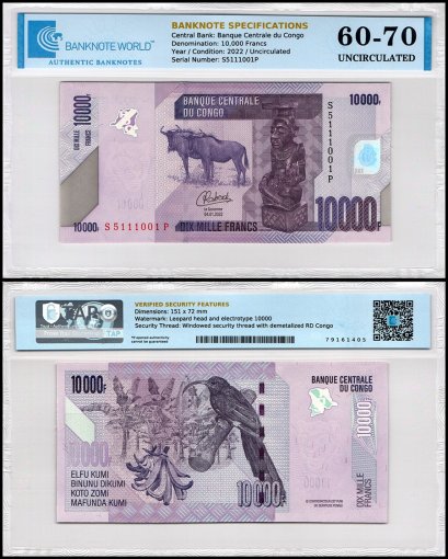 Congo Democratic Republic 10,000 Francs Banknote, 2022, P-103d, UNC, TAP 60-70 Authenticated