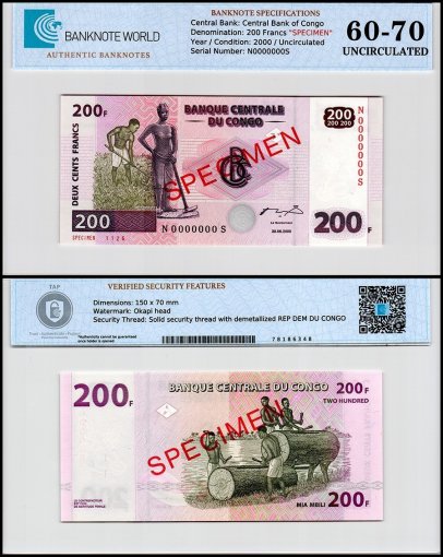Congo Democratic Republic 200 Francs Banknote, 2000, P-95s, UNC, Specimen, TAP 60-70 Authenticated