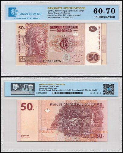 Congo Democratic Republic 50 Francs Banknote, 2013, P-97Aa.2, UNC, TAP 60-70 Authenticated