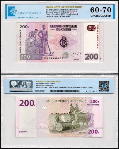 Congo Democratic Republic 200 Francs Banknote, 2013, P-99b, UNC, Radar Serial #ND6489846C, TAP 60-70 Authenticated